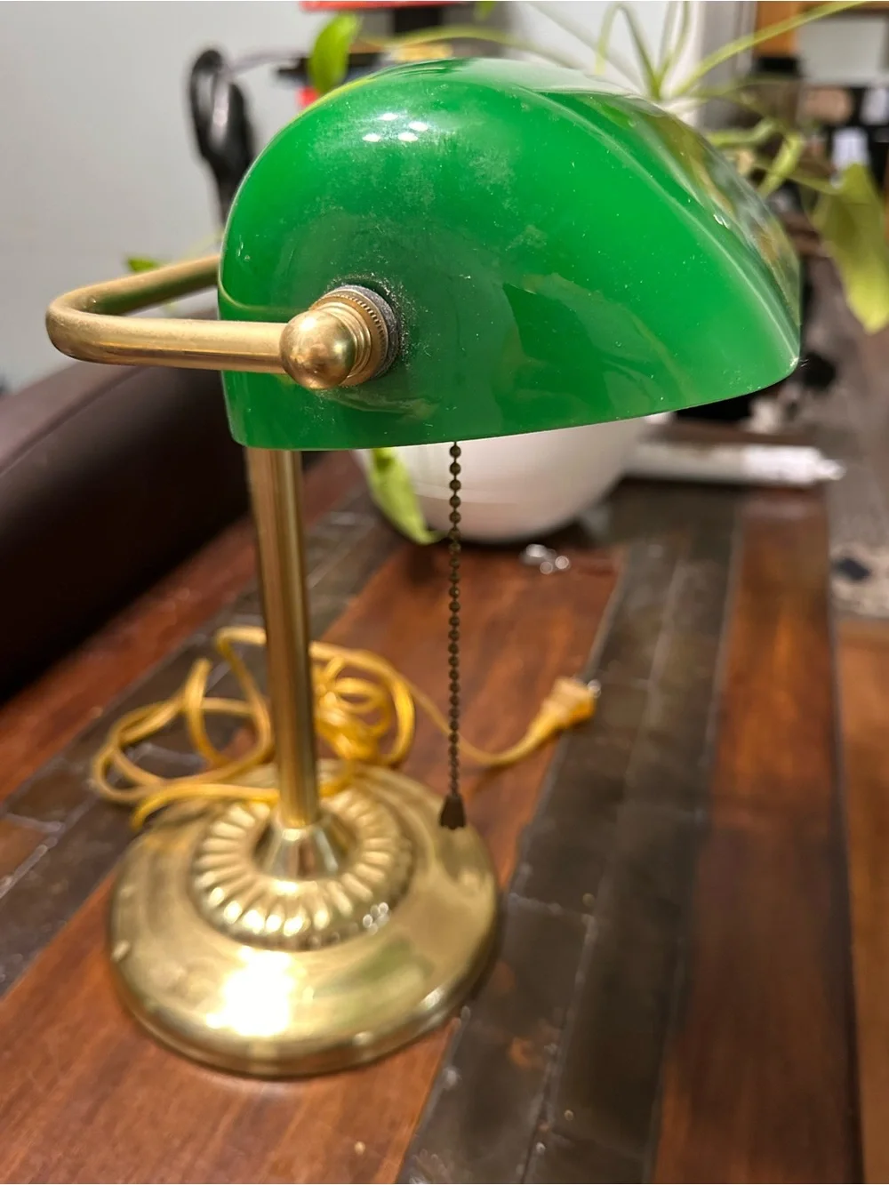 Vintage Green Glass and Brass Banker's Desk Lamp